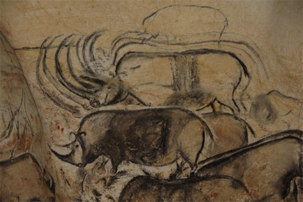 Een grotschildering van neushoorns in de grot van Pont d'Arc.