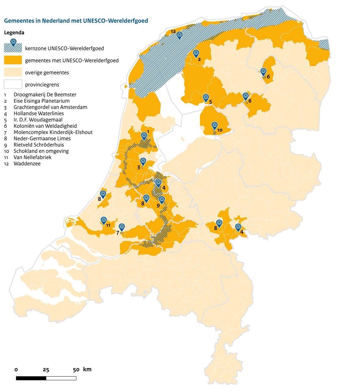 kaart van gemeentes in Nederland met Unesco-Werelderfgoed