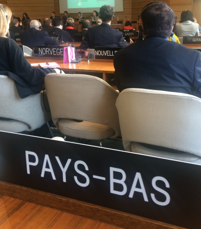 landenbordje met de naam Pays-Bas bij UNESCO in Parijs.