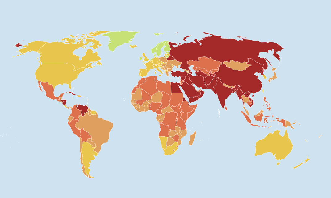 Kaart van de wereld met daarop aangegeven de mate van persvrijheid