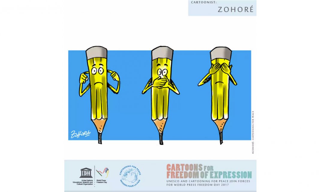 Cartoon gemaakt ter gelegenheid van de Internationale Dag voor Persvrijheid. (unesco.exposure.co | Cartoonist: Zohoré)